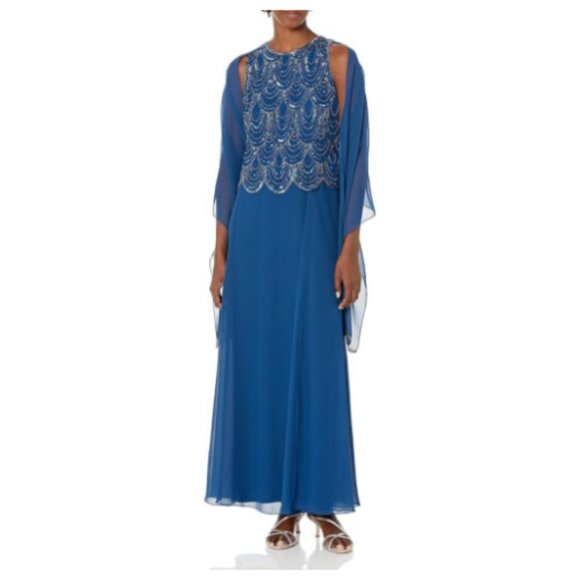 **J Kara** Women's  Sleeveless Beaded Pop Over Long Dress with Scarf 8P NWT - Picture 1 of 7